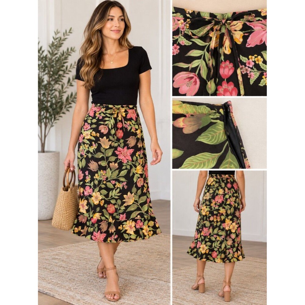 GAP Vintage Floral Rayon Midi Skirt Black Multicolor Size 12